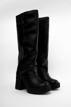 Bota larga negra corrugada x tacón ancho