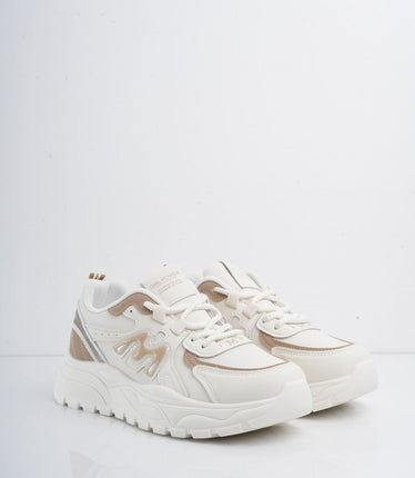 Tenis blancos con detalles dorados y cordones