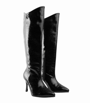 Bota alta croco y tacón puntilla