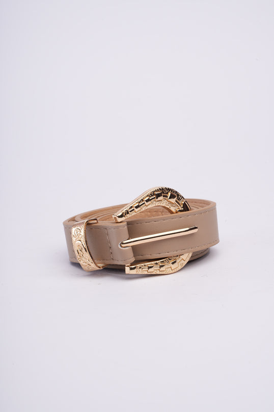 Cinturón beige con hebilla texturizada redonda