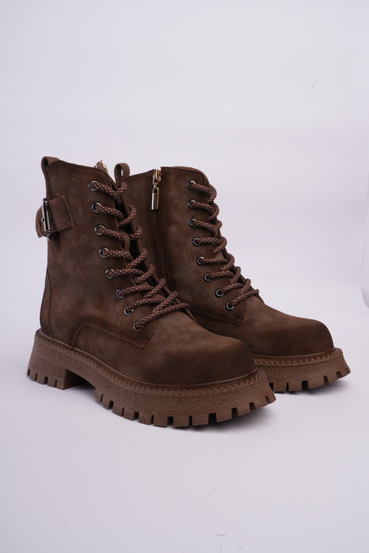 Botas combat café con cordones y cremallera lateral