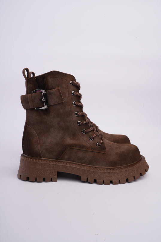 Botas combat café con cordones y cremallera lateral