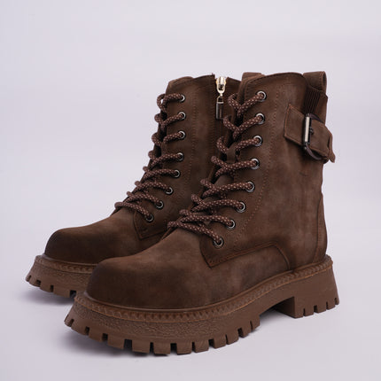 Botas combat café con cordones y cremallera lateral