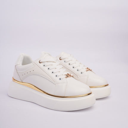 Tenis plataforma blancos con dorado y diseño texturizado