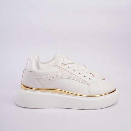 Tenis plataforma blancos con dorado y diseño texturizado