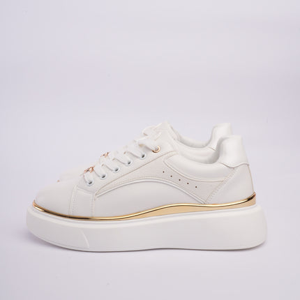 Tenis plataforma blancos con dorado y diseño texturizado