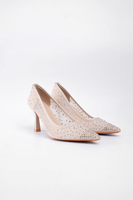 TACÓN TRANSPARENTE BEIGE APLIQUES PLATEADOS