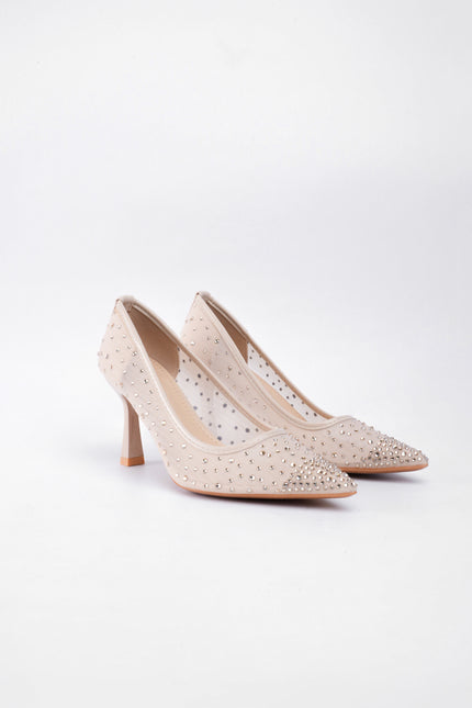 TACÓN TRANSPARENTE BEIGE APLIQUES PLATEADOS