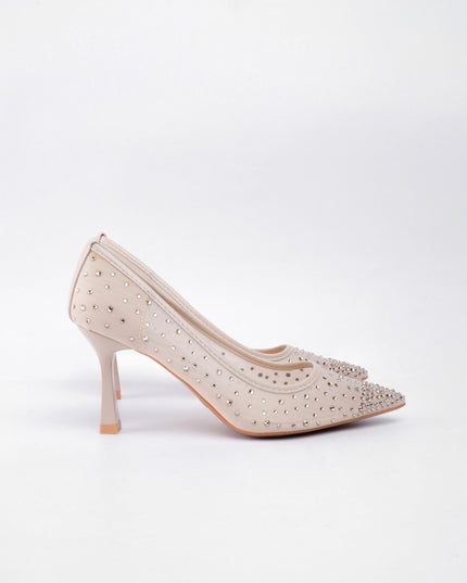 TACÓN TRANSPARENTE BEIGE APLIQUES PLATEADOS