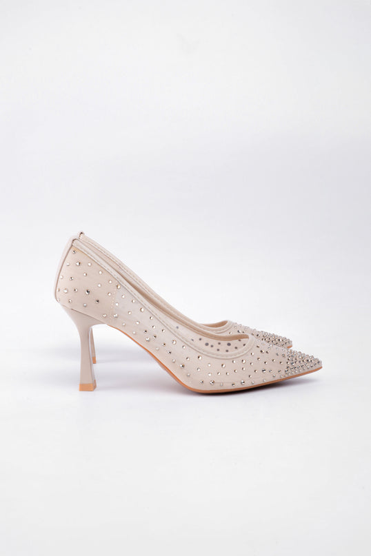 TACÓN TRANSPARENTE BEIGE APLIQUES PLATEADOS