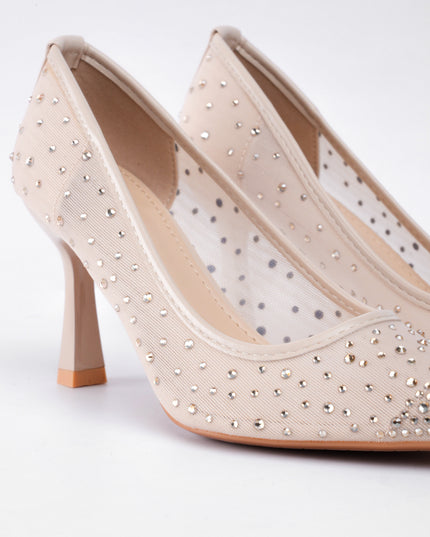 TACÓN TRANSPARENTE BEIGE APLIQUES PLATEADOS