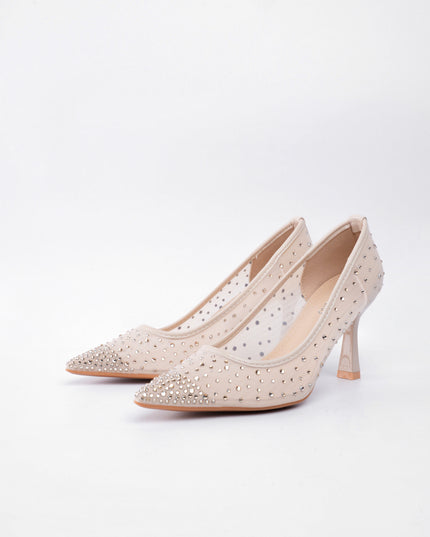 TACÓN TRANSPARENTE BEIGE APLIQUES PLATEADOS