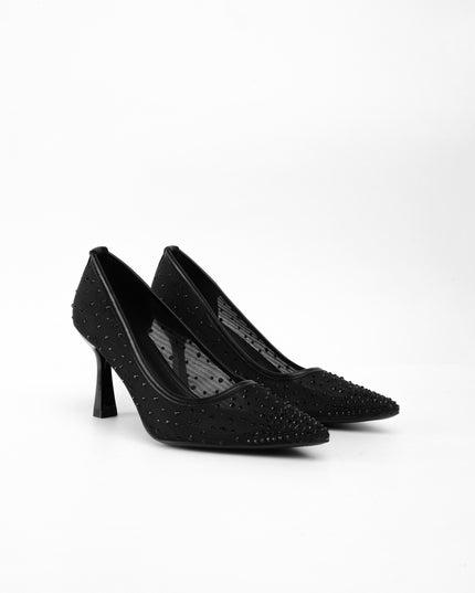 TACÓN TRANSPARENTE NEGRO APLIQUES PLATEADOS