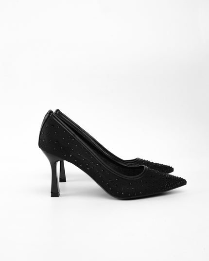 TACÓN TRANSPARENTE NEGRO APLIQUES PLATEADOS