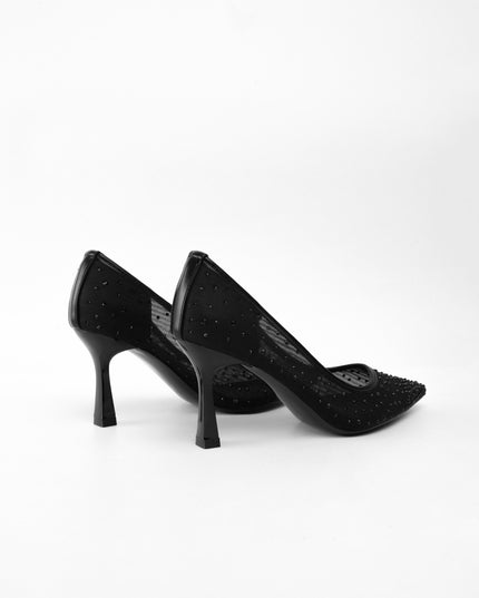 TACÓN TRANSPARENTE NEGRO APLIQUES PLATEADOS