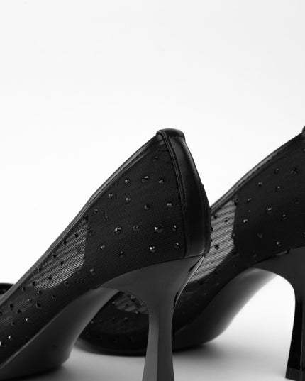 TACÓN TRANSPARENTE NEGRO APLIQUES PLATEADOS