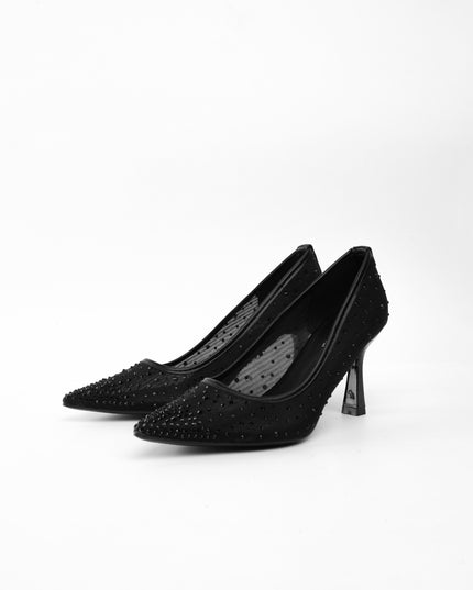 TACÓN TRANSPARENTE NEGRO APLIQUES PLATEADOS