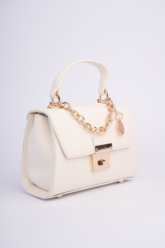 Bolso pequeño elegante blanco con detalles dorados