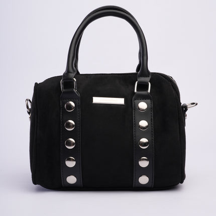 Bolso tipo baúl negro en gamuza