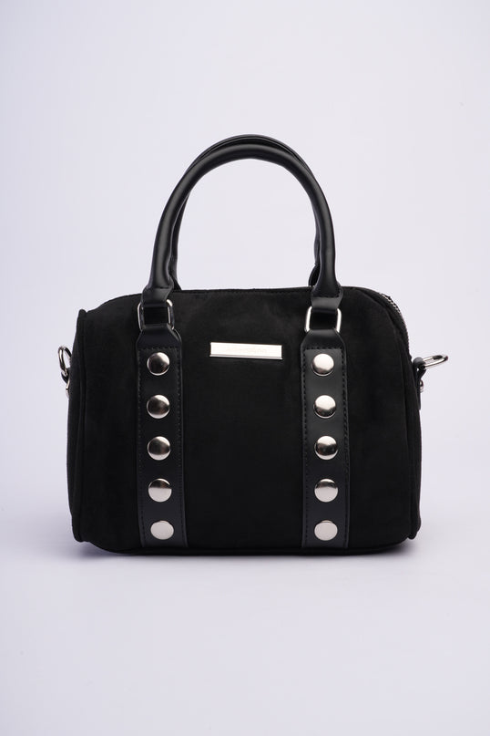 Bolso tipo baúl negro en gamuza