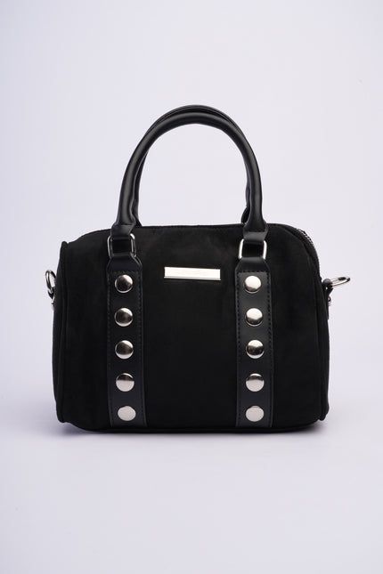 Bolso tipo baúl negro en gamuza