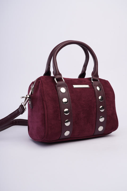 Bolso tipo baúl vinotinto en gamuza