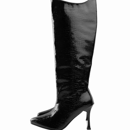 Botas altas en croco negras y tacón puntilla