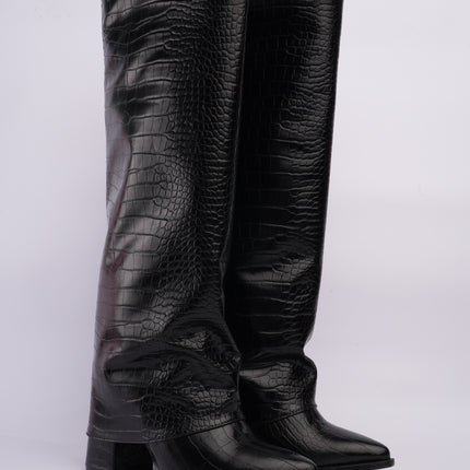 Botas altas negras efecto cocodrilo con tacón medio