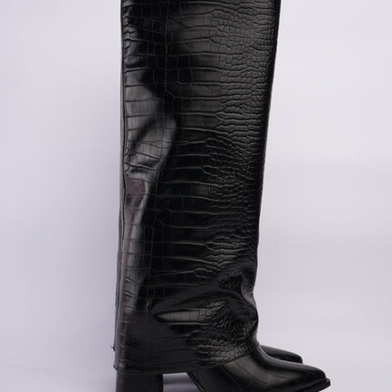 Botas altas negras efecto cocodrilo con tacón medio