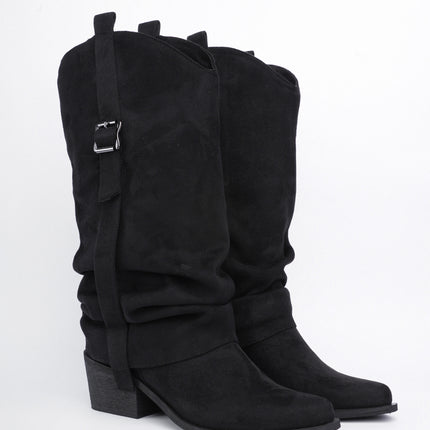 Botas cowgirl caña alta en gamuza negra con hebilla