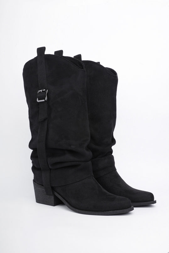 Botas cowgirl caña alta en gamuza negra con hebilla