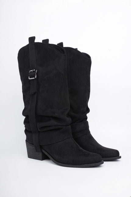 Botas cowgirl caña alta en gamuza negra con hebilla