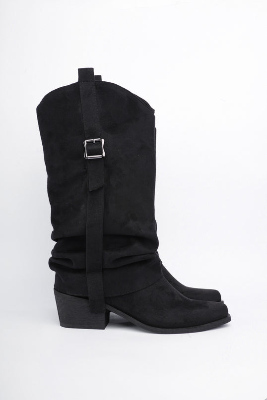 Botas cowgirl caña alta en gamuza negra con hebilla