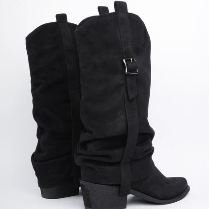 Botas cowgirl caña alta en gamuza negra con hebilla