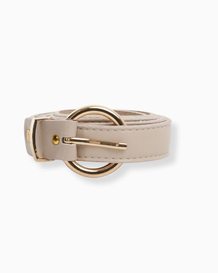 Cinturón beige con hebilla dorada redonda