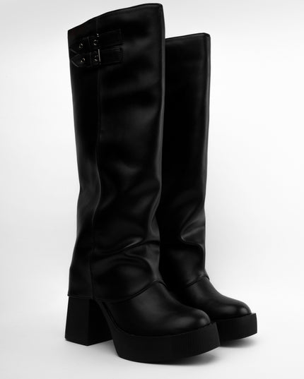 Bota larga negra corrugada x tacón ancho