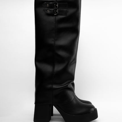 Bota larga negra corrugada x tacón ancho