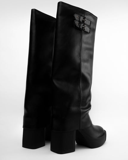 Bota larga negra corrugada x tacón ancho