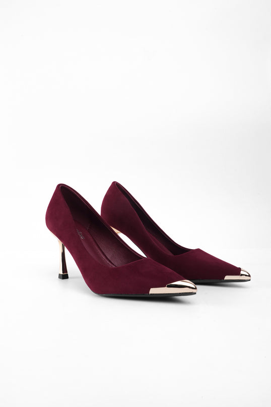 Tacón vinotinto punta dorada