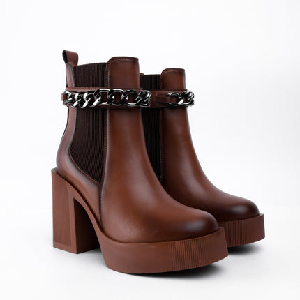 Botines café tacón ancho x cadena
