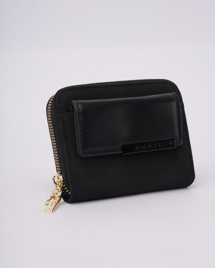 Billetera cuadrada negra con diseño frontal