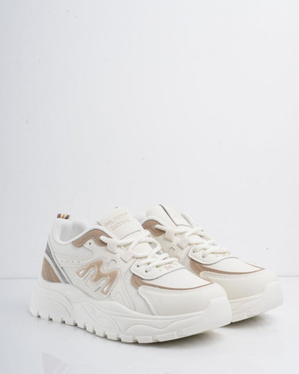 Tenis blancos con detalles dorados y cordones