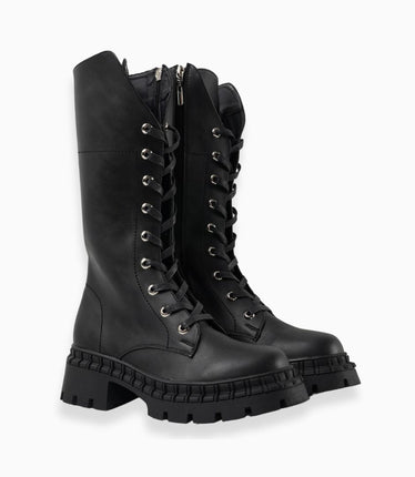 Bota alta negra militar con plataforma y cordones