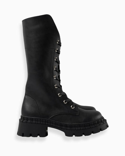 Bota alta negra militar con plataforma y cordones