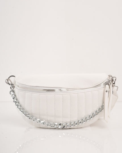 Bolso blanco con cremallera y cadena plateada