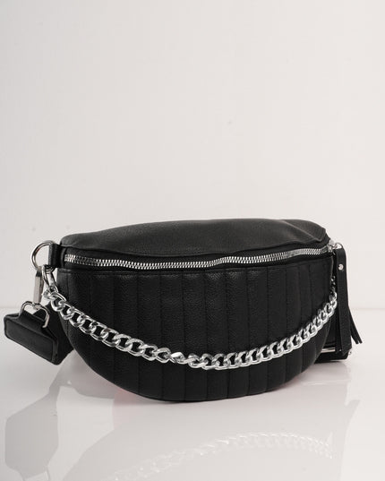 Bolso negro con cremallera y cadena plateada