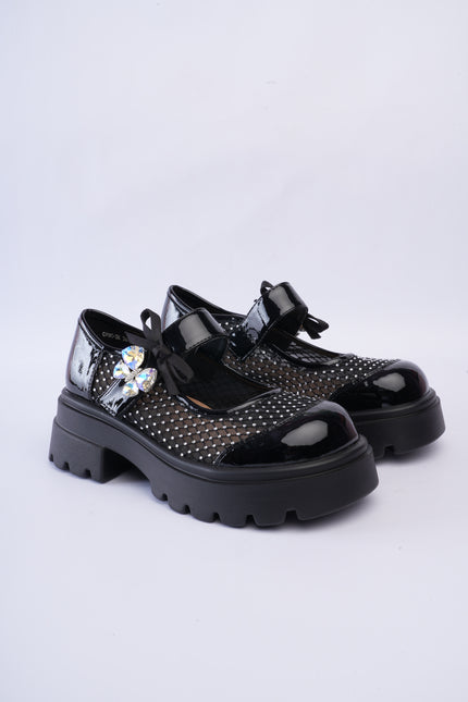 Mocasines chunky negros con malla brillante