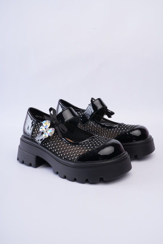 Mocasines chunky negros con malla brillante