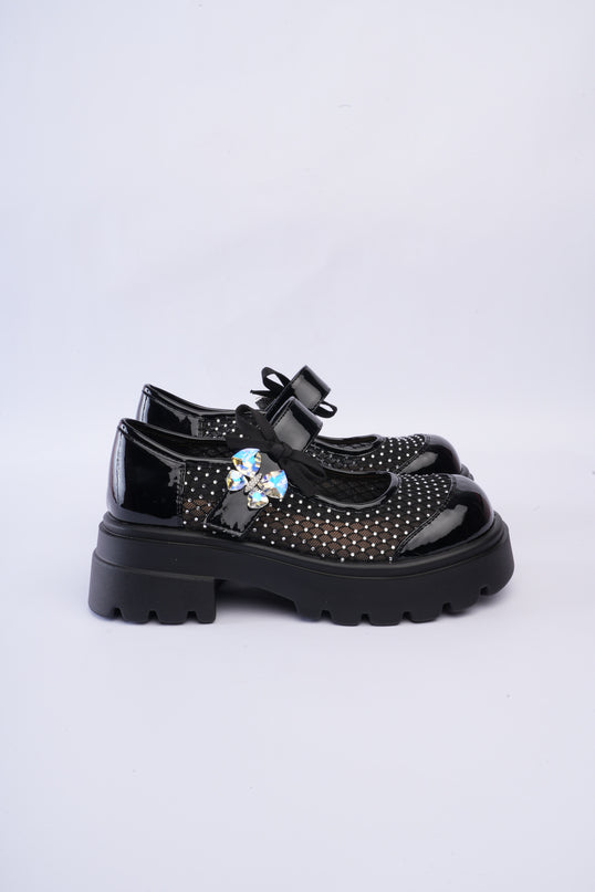 Mocasines chunky negros con malla brillante