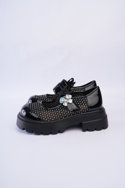 Mocasines chunky negros con malla brillante